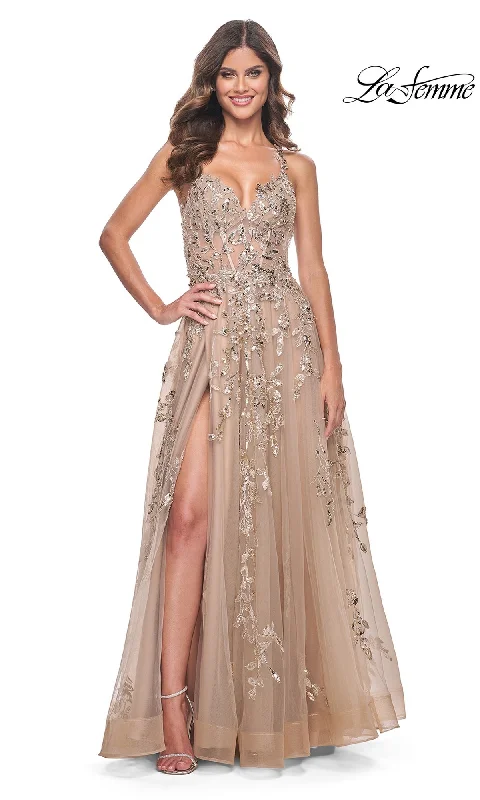 women's tall dressesLa Femme Sheer-Bodice Long Lace Prom Dress 32052