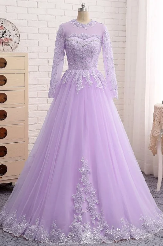 Petite DressLavender Tulle Long Sleeve Beaded Formal Prom Dress With Lace Applique Y890 Petite DressLavender Tulle Long Sleeve Beaded Formal Prom Dress With Lace Applique Y890