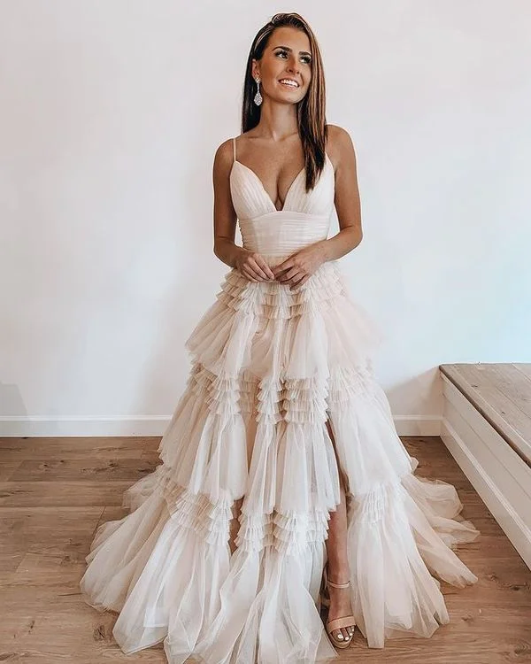 women's custom dressesBall Gown V Neck Straps Light Champagne Tulle Prom Dresses Y1875