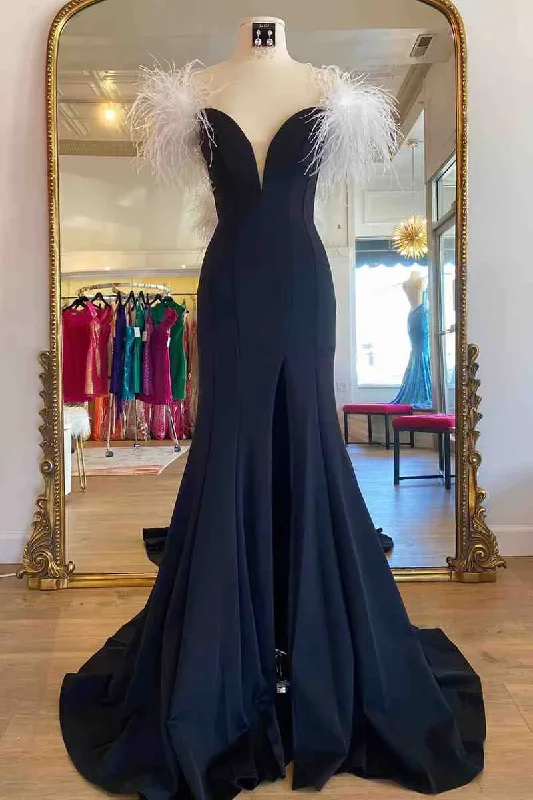 Minimalist DressLong Black High Slit Prom Dress with White Feather Y872
