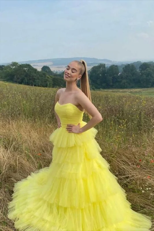 women's limited-edition dressesA-line yellow strapless layered tulle prom dress Y1045 women's limited-edition dressesA-line yellow strapless layered tulle prom dress Y1045
