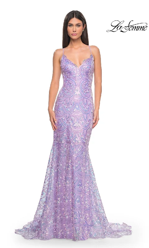Peplum Hem DressLa Femme Sequin-Print Long Prom Dress 31865