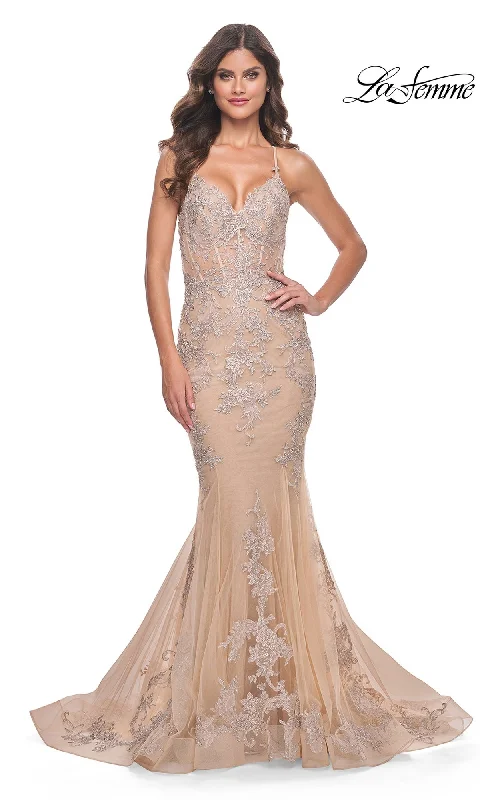 women's casual dressesLa Femme Long Champagne Mermaid Prom Dress 30716