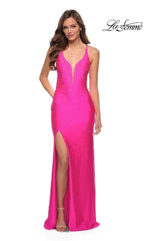 women's stretchy dressesLa Femme Open-Back Hot Pink Long Prom Dress 29969
