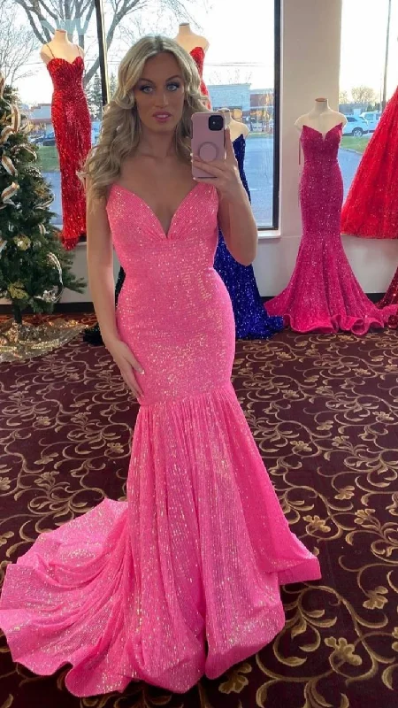 Statement DressLong Pink Sleeveless Mermaid Sparkly Prom Dresses,Backless Prom Gown Y867 Statement DressLong Pink Sleeveless Mermaid Sparkly Prom Dresses,Backless Prom Gown Y867