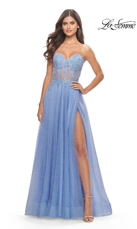 women's long-sleeved dressesLa Femme Strapless Sheer-Waist Prom Dress 31367