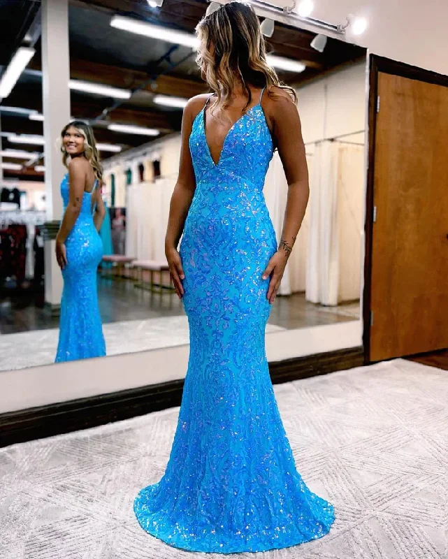 Floor-Length DressCharming Mermaid V Neck Blue Lace Sequins Long Prom Dresses Y1001 Floor-Length DressCharming Mermaid V Neck Blue Lace Sequins Long Prom Dresses Y1001