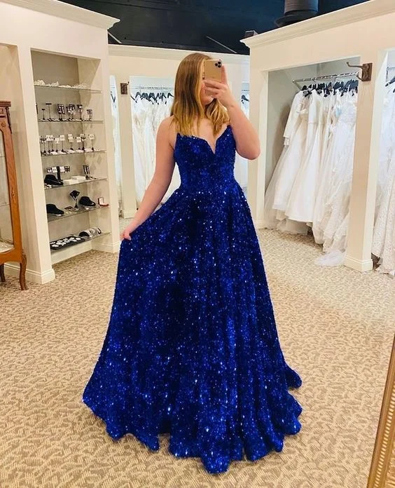 women's halter dressesStunning V Neck Royal Blue Sequins Long Prom Dresses Y828