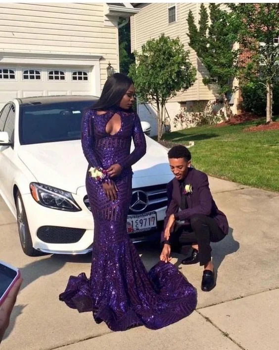 Spaghetti Strap DressPurple Mermaid Sequins Prom Dress,Elegant Prom Gown Y919