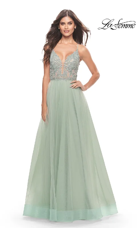 women's A-line dressesLace-Bodice Long A-Line Prom Dress: La Femme 31542