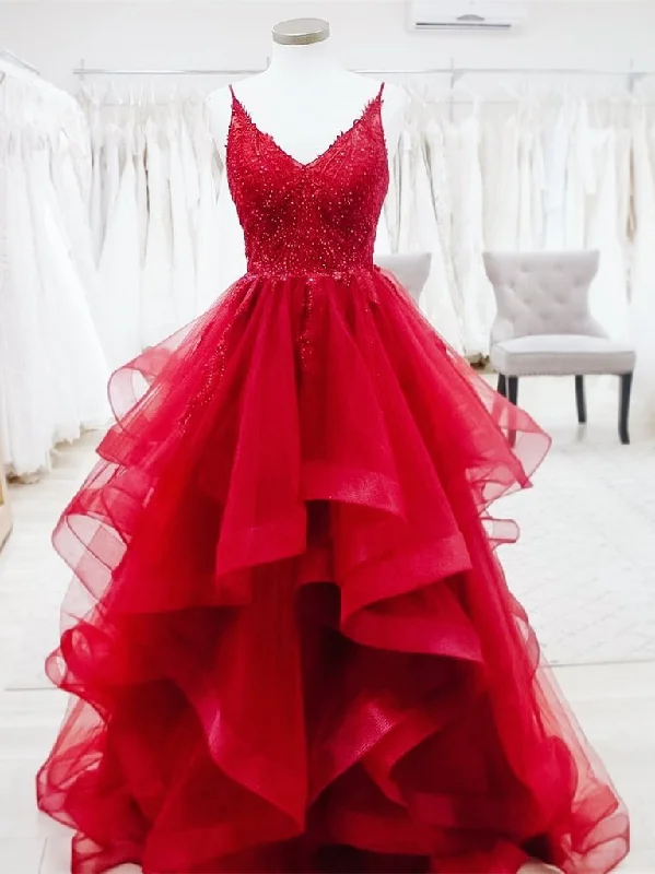 Ruffled Hem DressSpaghetti Straps A-line Prom Dresses Tulle Beaded Gowns Y1262