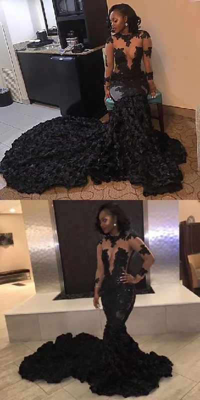 Maternity DressMermaid Black Prom Dress Lace Long Sleeve African Prom Dress Y1255