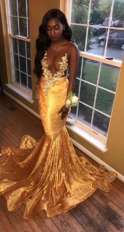 Tall Women DressNewly Gold Transparent Velvet Long Train With Appliques Prom Dresses Y891 Tall Women DressNewly Gold Transparent Velvet Long Train With Appliques Prom Dresses Y891