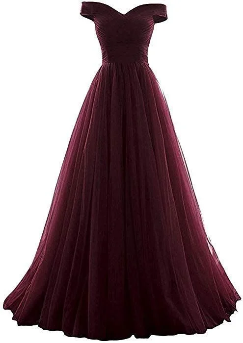 Halter DressOff The Shoulder Tulle Burgundy Long Prom Dress Y922