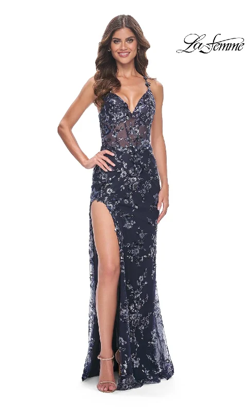 Sweetheart Neckline DressLa Femme Sequin-Lace Long Navy Prom Dress 31916