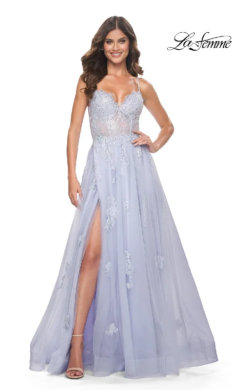 women's maximalist dressesLa Femme Sheer-Corset Long A-Line Prom Dress 32028