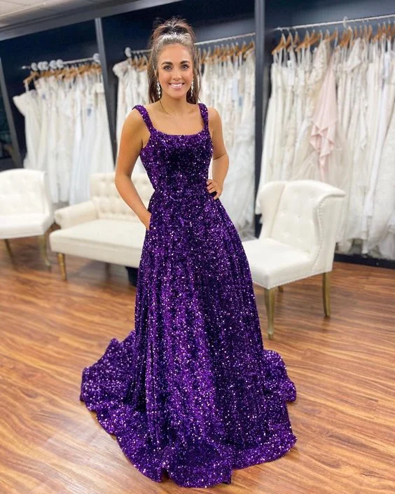 women's off-the-shoulder dressesGorgeous Square Neck Purple Sequins Long Prom Dresses With Pockets Y829 women's off-the-shoulder dressesGorgeous Square Neck Purple Sequins Long Prom Dresses With Pockets Y829