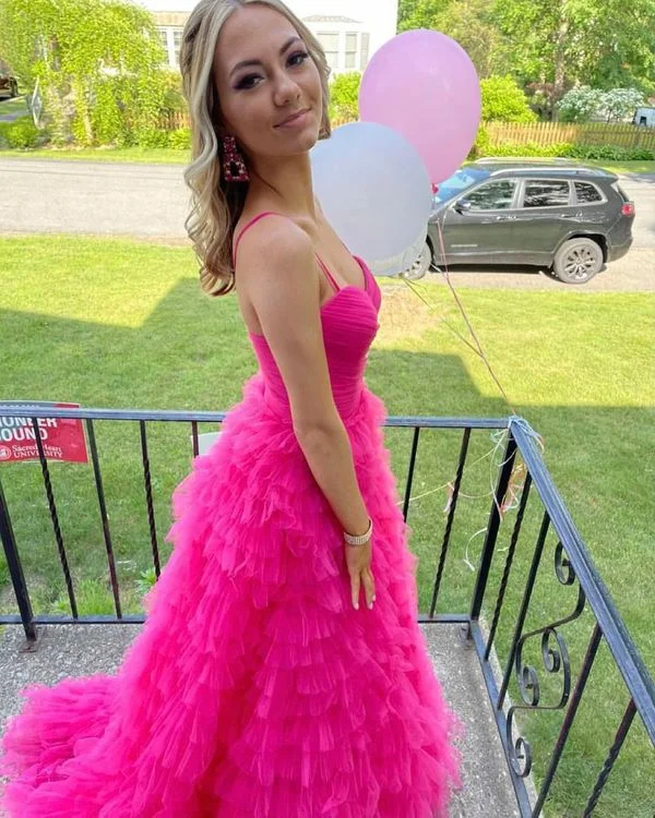Glamour DressStraps Hot Pink Tiered Layers Long Formal Gown,Charming Hot Pink Sleeveless Prom Dress Y1239 Glamour DressStraps Hot Pink Tiered Layers Long Formal Gown,Charming Hot Pink Sleeveless Prom Dress Y1239