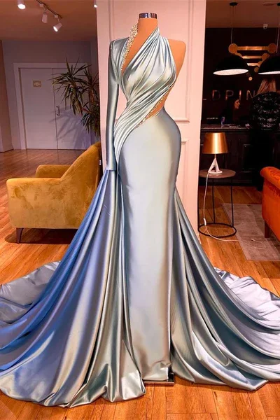 Ribbon DressGorgeous One Shoulder Long Sleeves Mermaid Prom Dress With Beads Y928