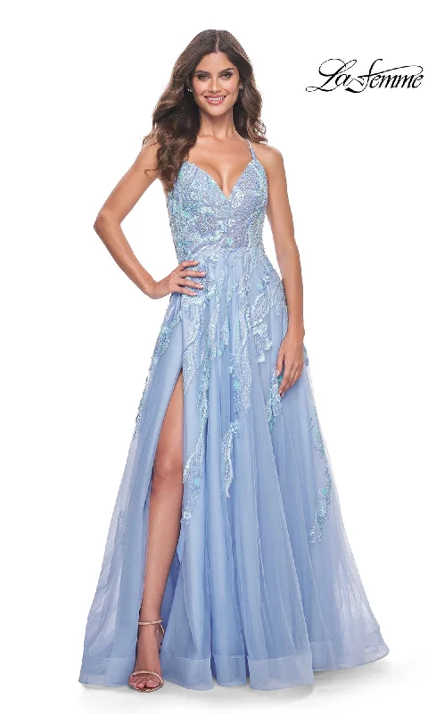 women's party dressesLa Femme Sequin-Lace Long A-Line Prom Dress 32032