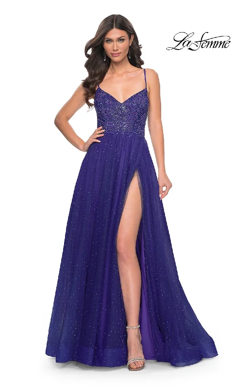 women's bespoke dressesLa Femme Beaded Long A-Line Prom Dress 32020
