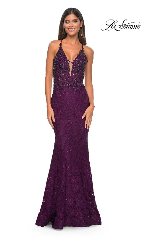 women's business casual dressesLa Femme Beaded-Lace Long Prom Dress 31265