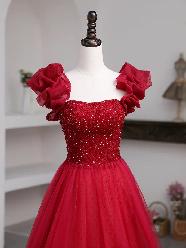 women's flowy dressesGenerous A-line Red Tulle Prom Dress,Lace-up Back Prom Dress Y795