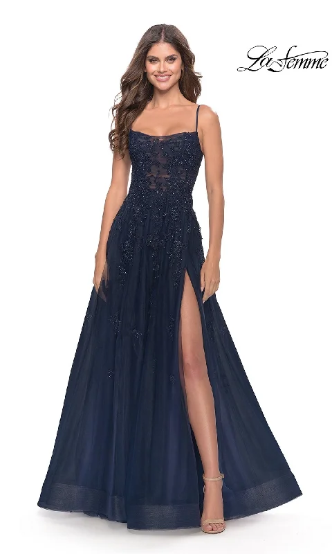women's cold-shoulder dressesLa Femme Lace-Bodice Long A-Line Prom Dress 31381