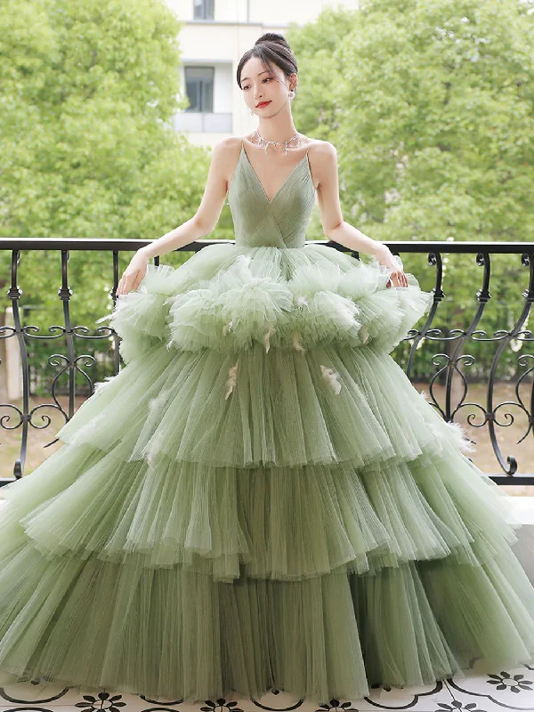 women's satin dressesGreen v neck tulle long prom dress, green tulle sweet 16 dress Y838 women's satin dressesGreen v neck tulle long prom dress, green tulle sweet 16 dress Y838