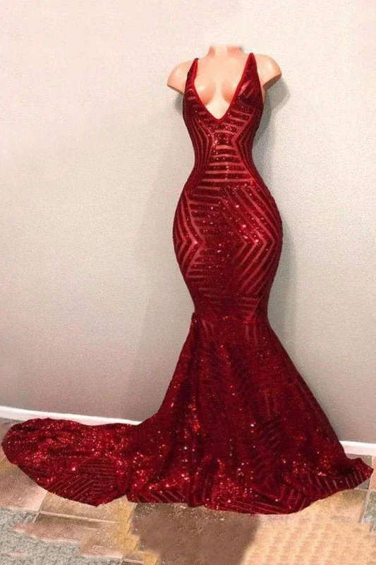 Polka-Dot DressRed Sequins Glitter V-neck Sleeveless Mermaid Prom Dresses Y953