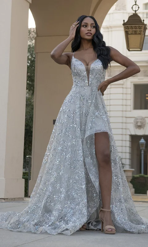 Neon DressHigh-Low Backless Silver Glitter Prom Dress BZ017