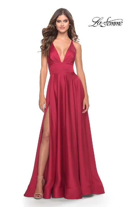 women's ball gown dressesDeep V-Neck Long A-Line Prom Dress: La Femme 31533