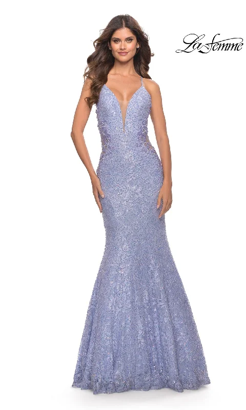 women's lace-up dressesLa Femme Long Lace Mermaid Prom Dress 31354