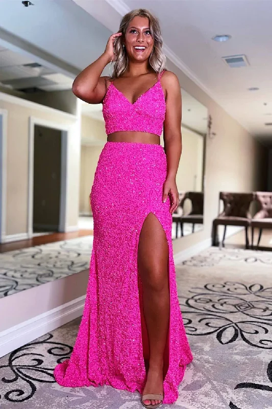 Sleeveless DressTwo Piece Orange Sequins Long Prom Dress Y995