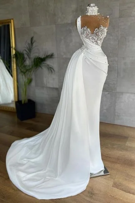 Embellished DressWhite Sleeveless Satin Beading Ruffles Mermaid Prom Dresses Y934