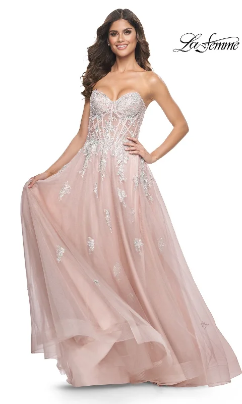 women's prom dressesLa Femme Strapless Long A-Line Prom Dress 32111