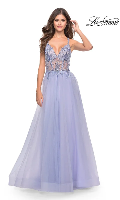 women's sleeveless dressesLa Femme Lace-Bodice Long Prom Dress 31369