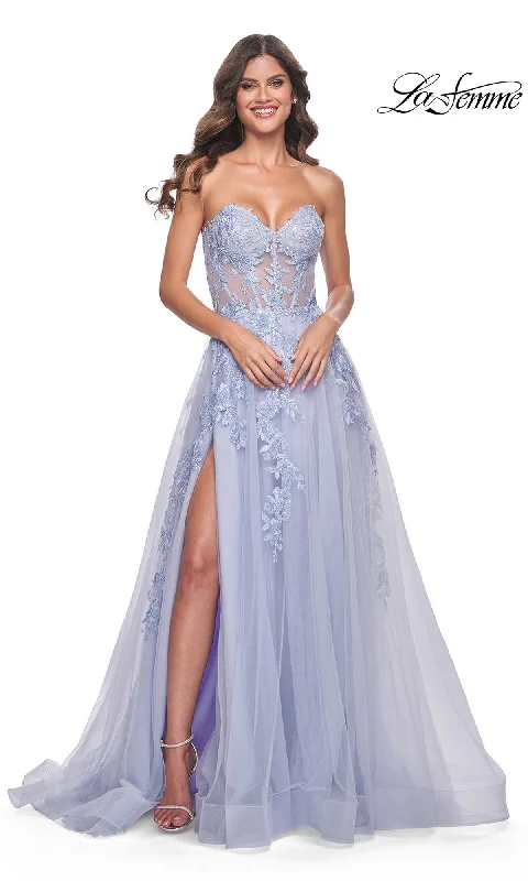 women's neon dressesLa Femme Strapless Long A-Line Corset Prom Dress 32082