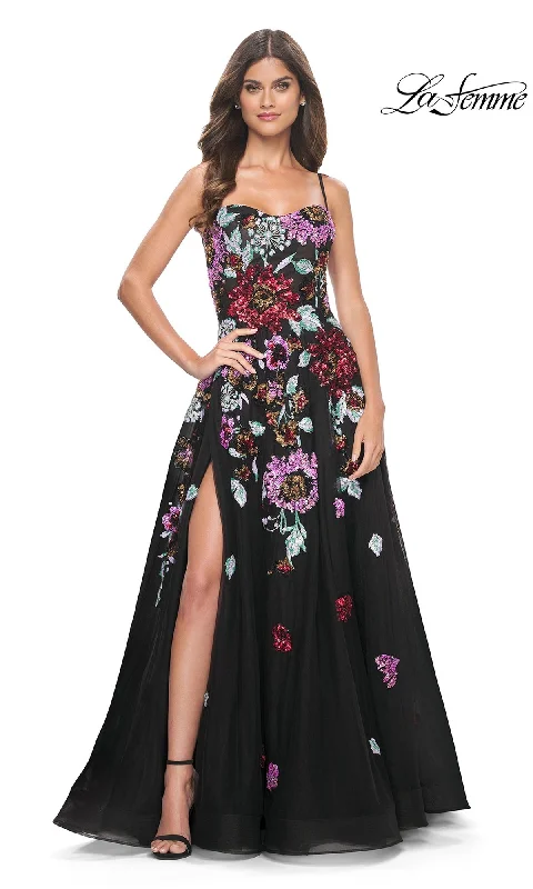 women's stylish dressesLa Femme Sequin-Floral Long Prom Dress 32019