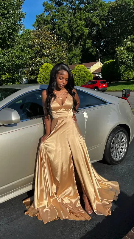 women's beach dressesA Line V Neck Gold Sleeveless Satin Long Prom Dress,Formal Gown Y760 women's beach dressesA Line V Neck Gold Sleeveless Satin Long Prom Dress,Formal Gown Y760