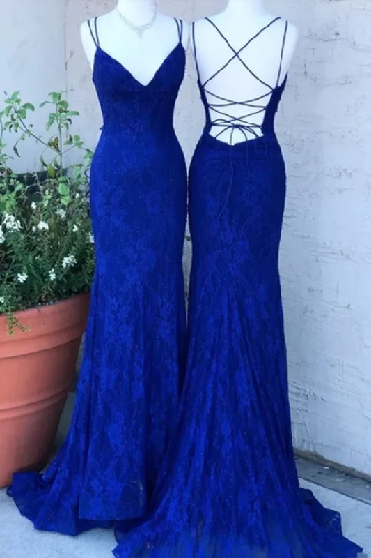 women's chiffon dressesSpaghetti Crossed Straps Royal Blue Mermaid Prom Dresses V Neck Lace Formal Dresses Y1192 women's chiffon dressesSpaghetti Crossed Straps Royal Blue Mermaid Prom Dresses V Neck Lace Formal Dresses Y1192