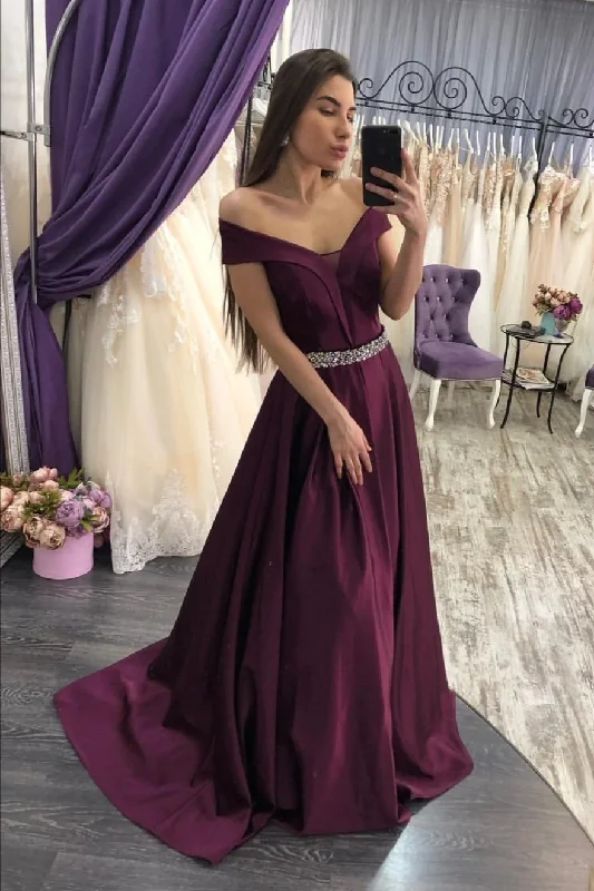 Pearl DressGrape Purple Satin Prom Dresses with Beaded Belt Y933
