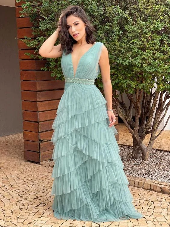 women's machine-washable dressesElegant A-line Deep V Neck Tulle Prom Dress,Reception Dress Y1066