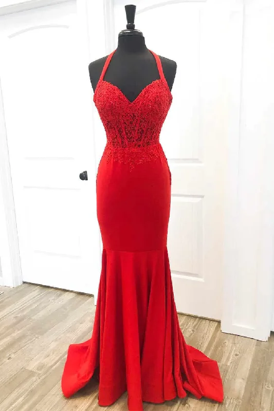 High-Neck DressElegant Red Halter Mermaid Prom Dress with Appliques Y925