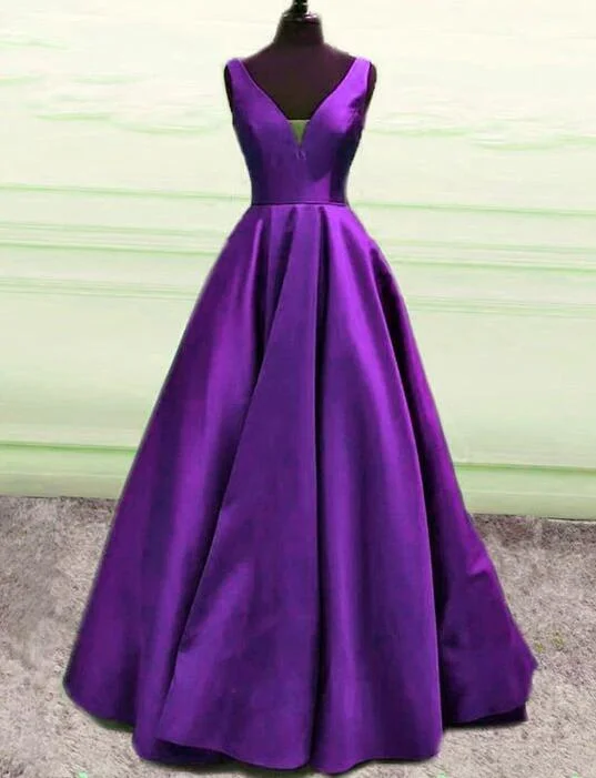 women's glam dressesElegant V Neck Purple Satin Long Prom Dress,Formal Gown Y1080