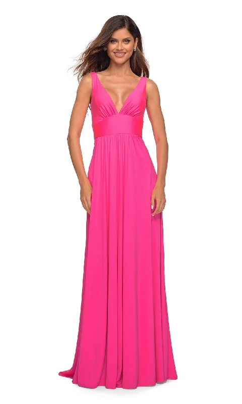 women's high-end dressesLa Femme Neon Pink Long A-Line Prom Dress 30669