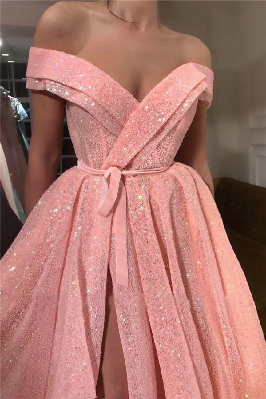 Designer DressA Line Pink Sequins Off the Shoulder Prom Dresses with Split, V Neck Dance Dresses Y888 Designer DressA Line Pink Sequins Off the Shoulder Prom Dresses with Split, V Neck Dance Dresses Y888