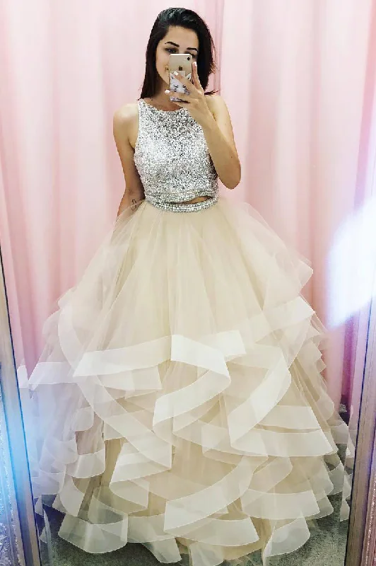 Pastel DressPrincess Two Piece Champagne Prom Dress with Sequins Top Y943