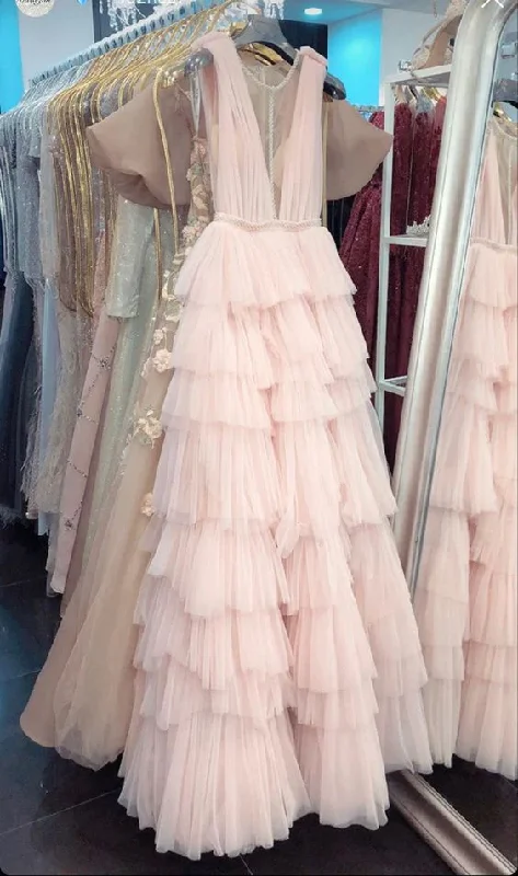 Tall Women DressA-line Pink Tulle Tiered Long Prom Dress For Teens Y1253