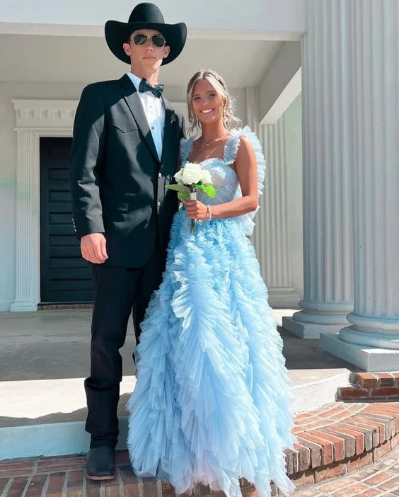 Silk DressElegant A-line Light Blue Tulle Prom Dress,Graduation Dress Y975